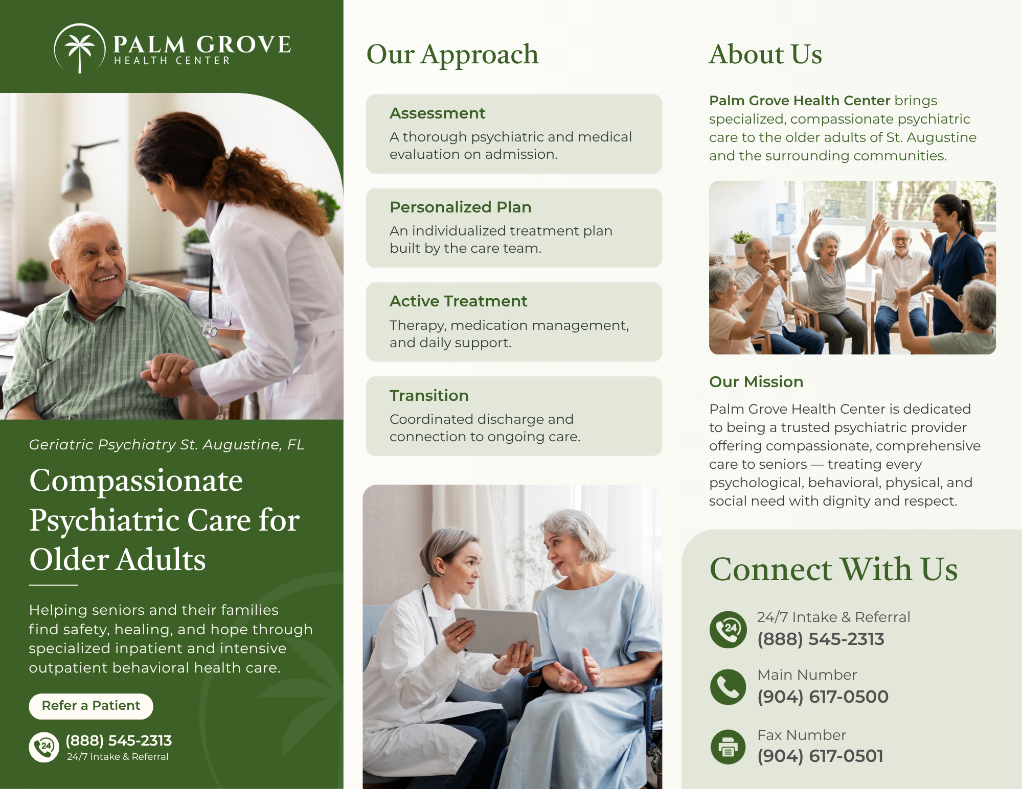 Brochure side one: our four-step approach, who we are and our mission, and the 24/7 intake, main, fax, and email contact details.