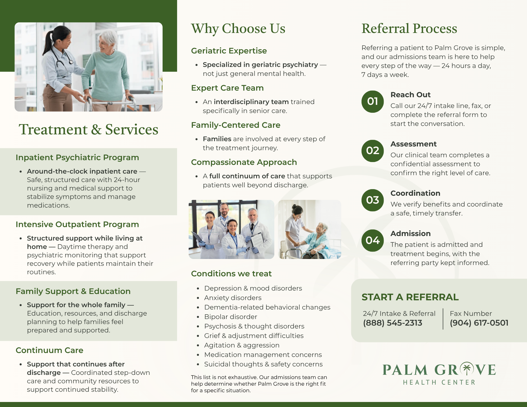 Brochure side two: the four treatment programs, why families choose Palm Grove, the conditions we treat, and the four-step referral process.